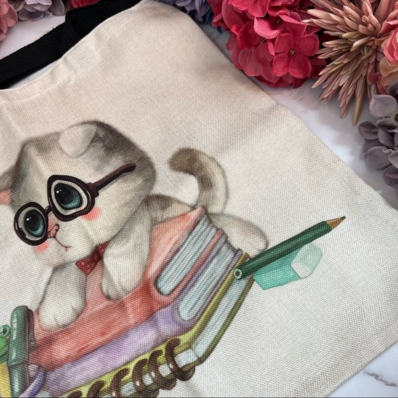 Eco-Friendly Bookworm Kitten Folding Tote Bag - Picture 9 of 15